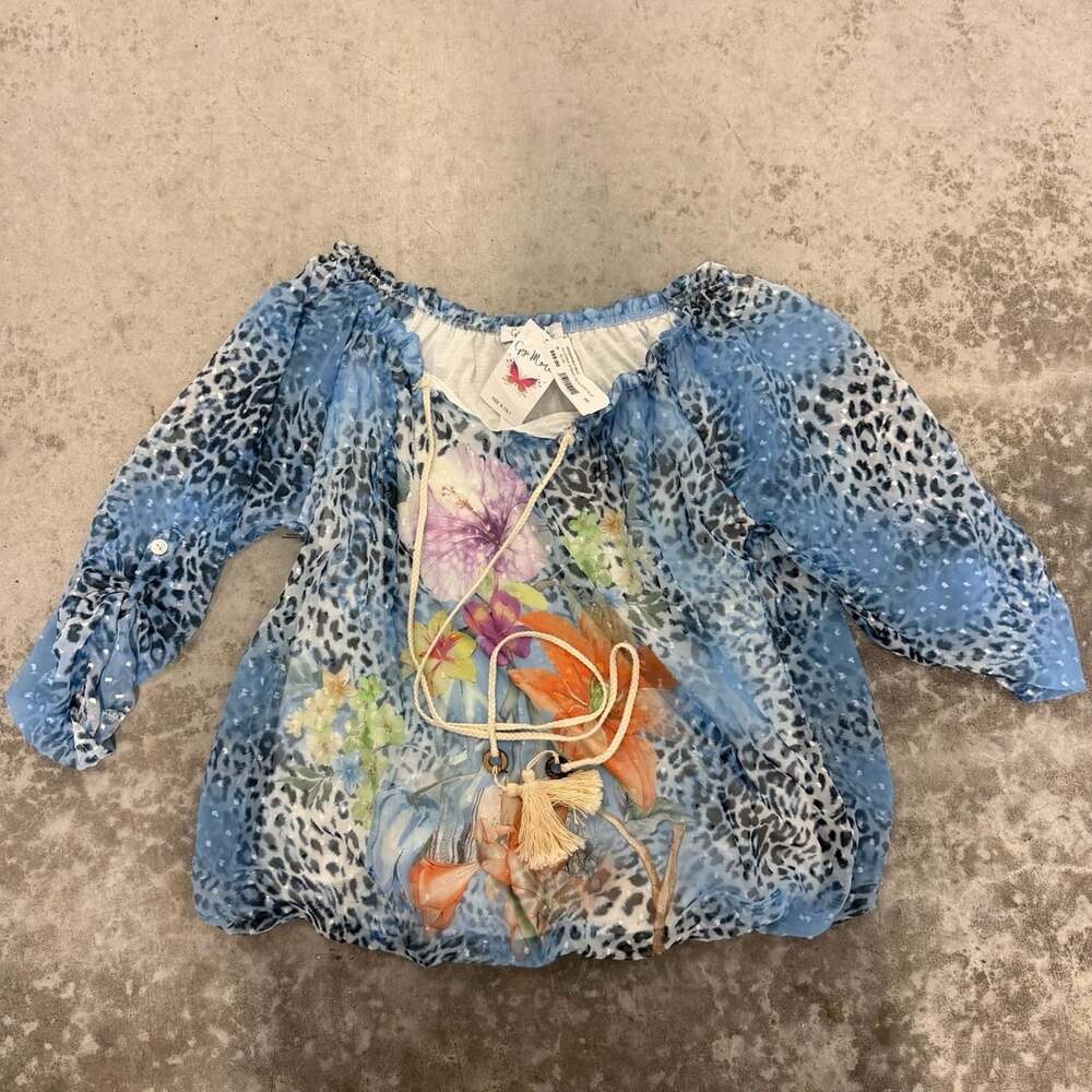 Gigi Moda Blouse Size OS Blue Leopard Floral String Tie Off Shoulder Top